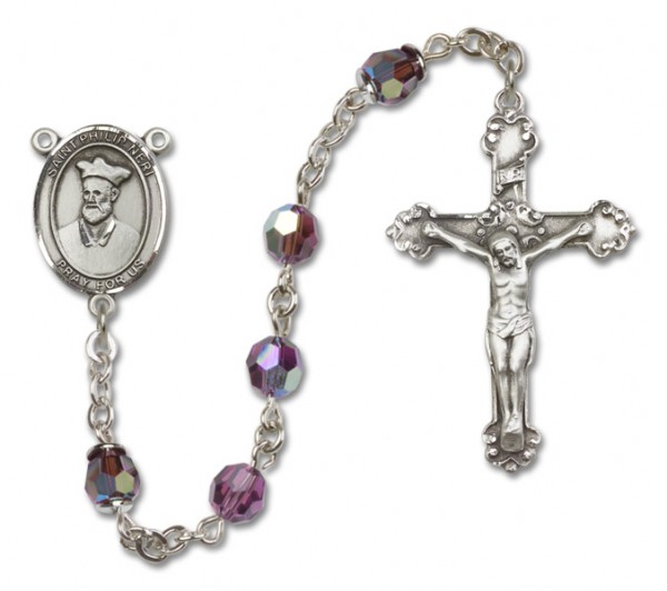 St. Philip Neri Sterling Silver Heirloom Rosary Fancy Crucifix - Amethyst
