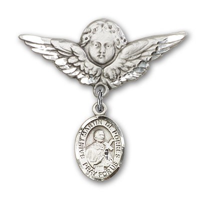 Pin Badge with St. Martin de Porres Charm and Angel with Larger Wings Badge Pin - Silver tone