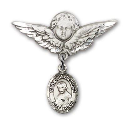 Pin Badge with St. John Neumann Charm and Angel with Larger Wings Badge Pin - Silver tone