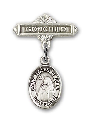 Pin Badge with St. Teresa of Avila Charm and Godchild Badge Pin - Silver tone