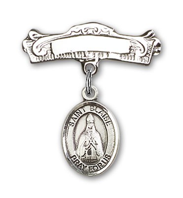 Pin Badge with St. Blaise Charm and Arched Polished Engravable Badge Pin - Silver tone