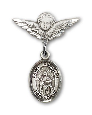 Pin Badge with St. Deborah Charm and Angel with Smaller Wings Badge Pin - Silver tone