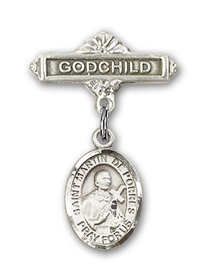 Pin Badge with St. Martin de Porres Charm and Godchild Badge Pin - Silver tone