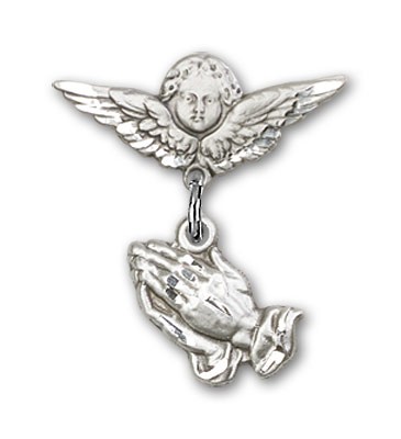 Baby Pin with Praying Hands Charm and Angel with Smaller Wings Badge Pin - Silver tone