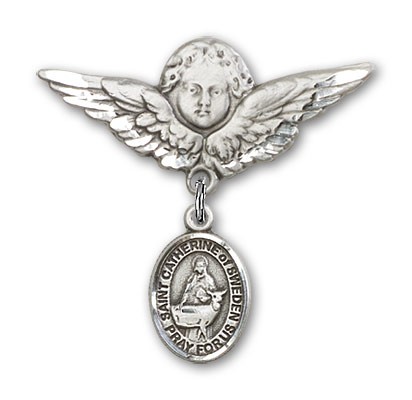 Pin Badge with St. Catherine of Sweden Charm and Angel with Larger Wings Badge Pin - Silver tone