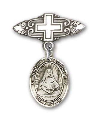 Pin Badge with St. Edburga of Winchester Charm and Badge Pin with Cross - Silver tone