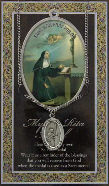 St. Rita Medal in Pewter with Bi-Fold Prayer Card - Silver tone