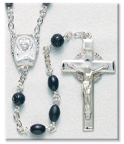8mm Black Cocoa Bead Rosary in Sterling Silver - Black