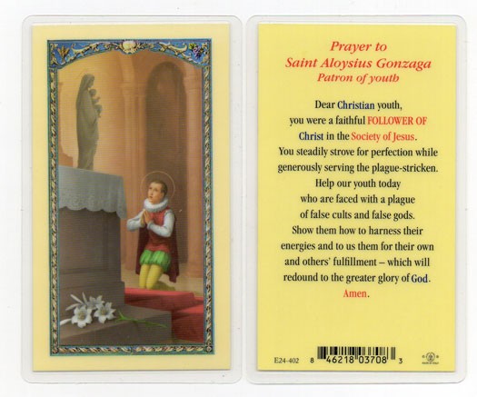 Prayer To St. Aloysius Gonzaga Laminated Prayer Card - 25 Cards Per Pack .80 per card