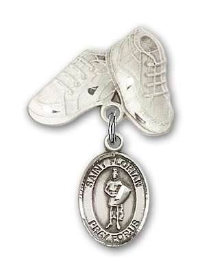 Pin Badge with St. Florian Charm and Baby Boots Pin - Silver tone