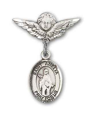 Pin Badge with St. Amelia Charm and Angel with Smaller Wings Badge Pin - Silver tone