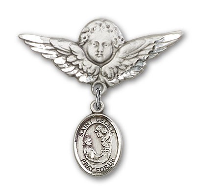 Pin Badge with St. Cecilia Charm and Angel with Larger Wings Badge Pin - Silver tone