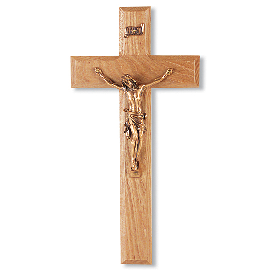 Oak Wood Wall Crucifix with Goldtone Corpus- 10 inch - Brown