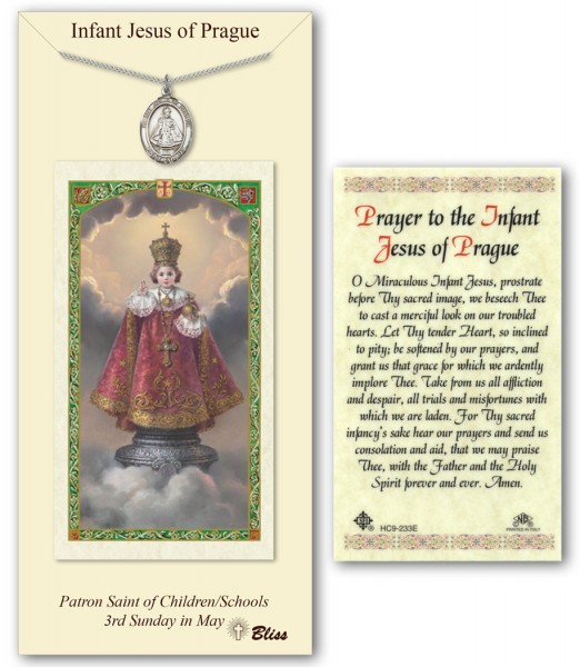 Infant of Prague Medal in Pewter with Prayer Card - Silver tone
