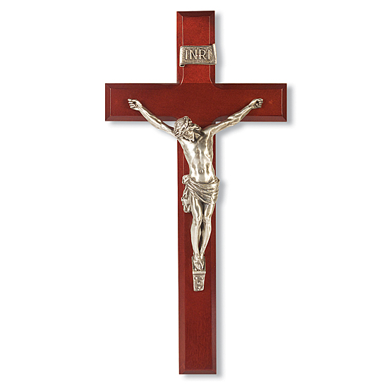 Dark Cherry Crucifix  with Silver-tone Corpus - 12 inch - Cherry Wood