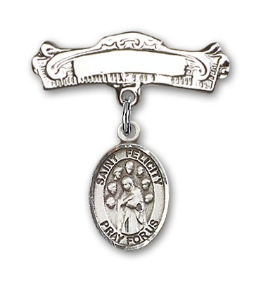 Pin Badge with St. Felicity Charm and Arched Polished Engravable Badge Pin - Silver tone