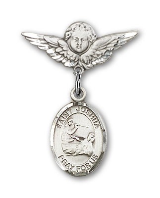 Pin Badge with St. Joshua Charm and Angel with Smaller Wings Badge Pin - Silver tone