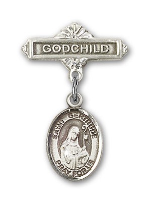 Pin Badge with St. Gertrude of Nivelles Charm and Godchild Badge Pin - Silver tone