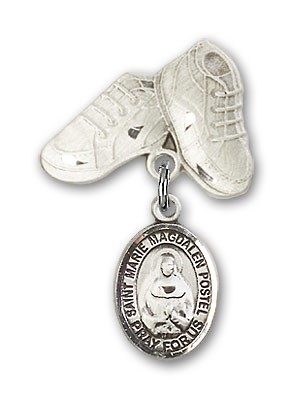 Baby Badge with Marie Magdalen Postel Charm and Baby Boots Pin - Silver tone
