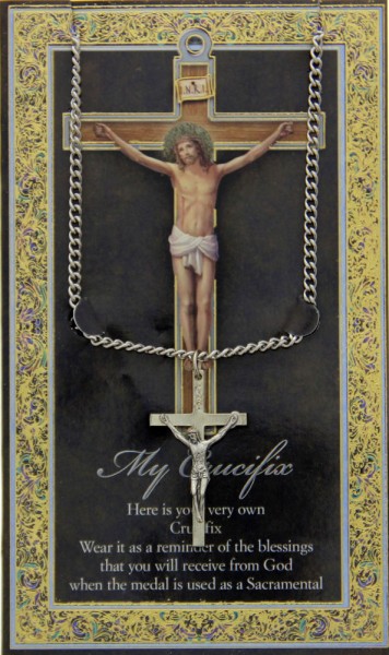 Crucifix Medal in Pewter with Bi-Fold Prayer Card - Silver tone