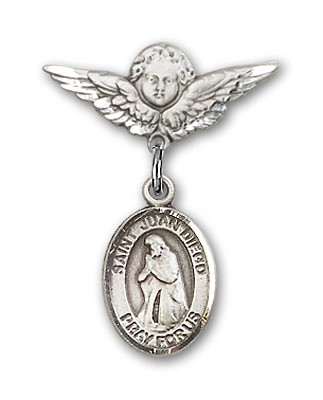 Pin Badge with St. Juan Diego Charm and Angel with Smaller Wings Badge Pin - Silver tone