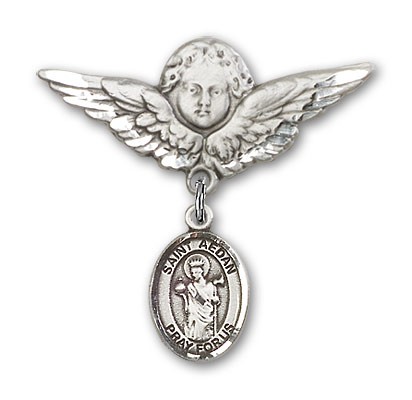 Pin Badge with St. Aedan of Ferns Charm and Angel with Larger Wings Badge Pin - Silver tone
