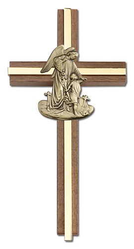 Guardian Angel 6&quot; Wall Cross in Walnut Wood and Metal Inlay - Gold Tone