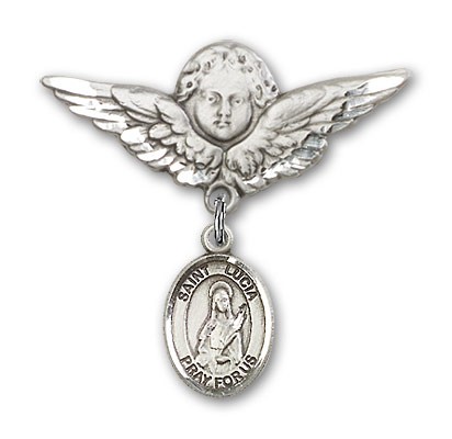 Pin Badge with St. Lucia of Syracuse Charm and Angel with Larger Wings Badge Pin - Silver tone
