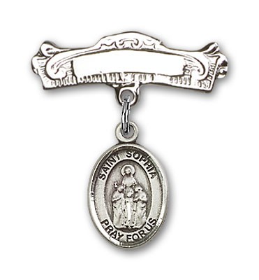 Pin Badge with St. Sophia Charm and Arched Polished Engravable Badge Pin - Silver tone