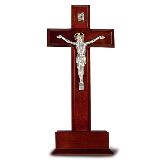 Standing Dark Cherry Crucifix with Base- 10 inch - Cherry Wood