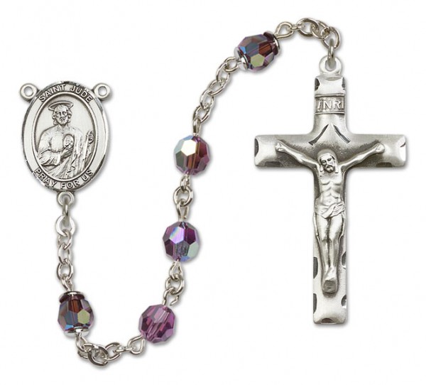 St. Jude Thaddeus Sterling Silver Heirloom Rosary Squared Crucifix - Amethyst