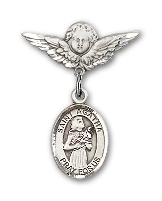 Pin Badge with St. Agatha Charm and Angel with Smaller Wings Badge Pin - Silver tone