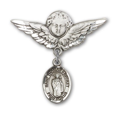 Pin Badge with St. Thomas A Becket Charm and Angel with Larger Wings Badge Pin - Silver tone