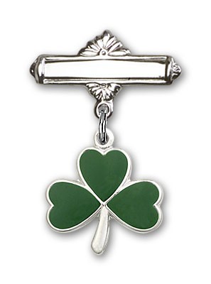 Pin Badge with Shamrock Charm and Polished Engravable Badge Pin - Silver tone