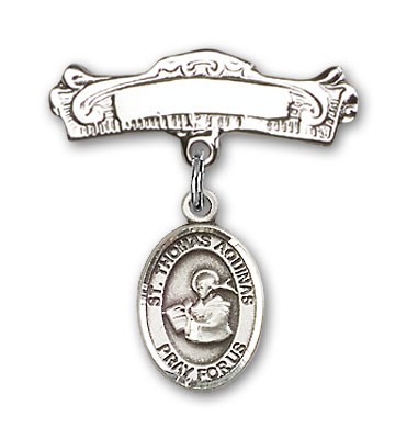 Pin Badge with St. Thomas Aquinas Charm and Arched Polished Engravable Badge Pin - Silver tone