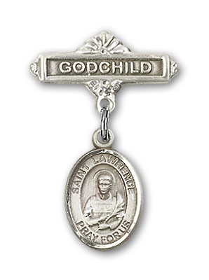 Pin Badge with St. Lawrence Charm and Godchild Badge Pin - Silver tone
