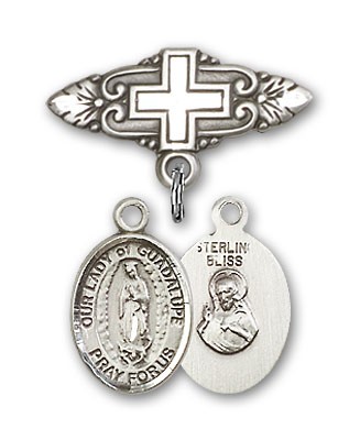 Pin Badge with Our Lady of Guadalupe Charm and Badge Pin with Cross - Silver tone