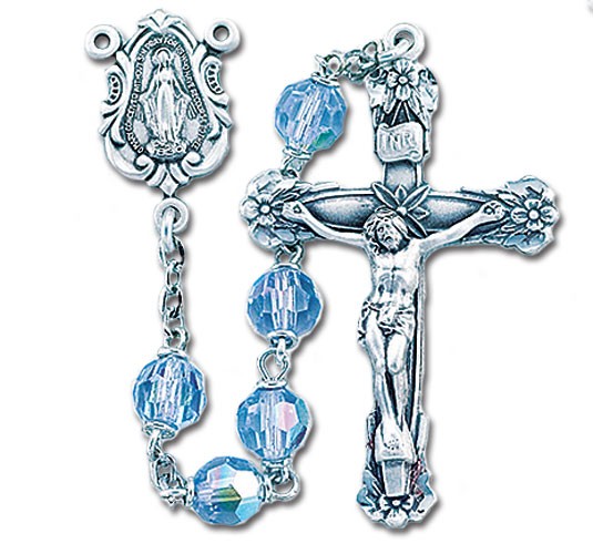 6mm Tin Cut Light Sapphire Crystal Bead Rosary in Sterling Silver - Light Sapphire