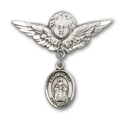 Pin Badge with St. Sophia Charm and Angel with Larger Wings Badge Pin - Silver tone