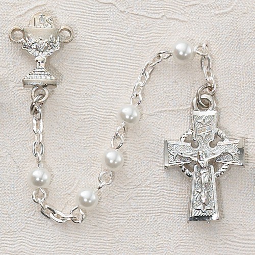 Girl's Irish First Communion Rosary in Sterling Silver - Pearl White