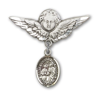 Pin Badge with Sts. Cosmas &amp; Damian Charm and Angel with Larger Wings Badge Pin - Silver tone