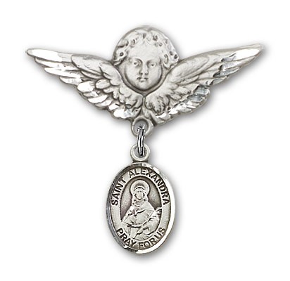 Pin Badge with St. Alexandra Charm and Angel with Larger Wings Badge Pin - Silver tone