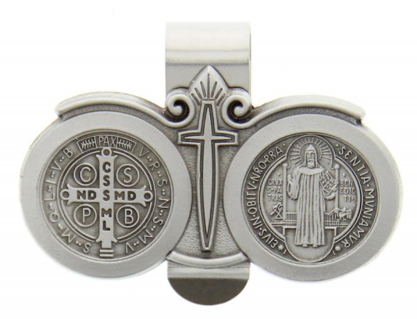 St. Benedict Auto Visor Clip, Pewter - 2 1/2&quot;W - Silver