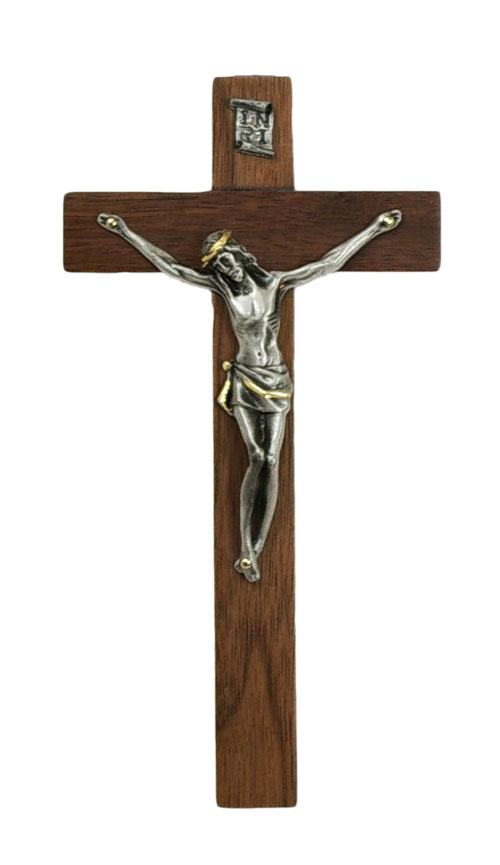 Hardwood Crucifix with Two-Tone Corpus 7 Inch - Brown