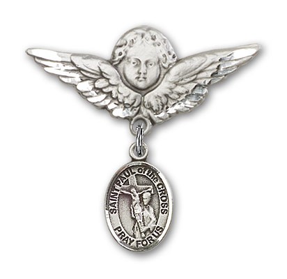 Pin Badge with St. Paul of the Cross Charm and Angel with Larger Wings Badge Pin - Silver tone