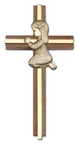 Praying Girl Cross in Walnut 6&quot; with Metal Inlay - Gold Tone