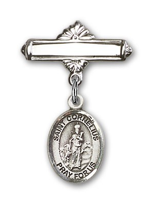 Pin Badge with St. Cornelius Charm and Polished Engravable Badge Pin - Silver tone