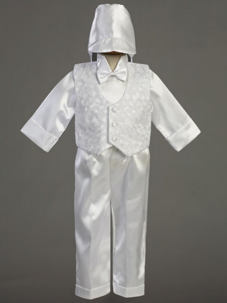 Boy's Embroidered Baptism Vest and Satin Pants - White
