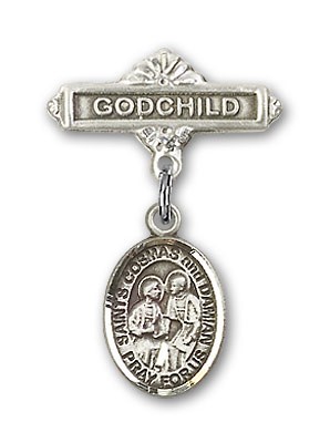 Baby Badge with Sts. Cosmas &amp; Damian Charm and Godchild Badge Pin - Silver tone