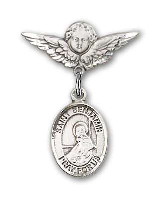 Pin Badge with St. Benjamin Charm and Angel with Smaller Wings Badge Pin - Silver tone